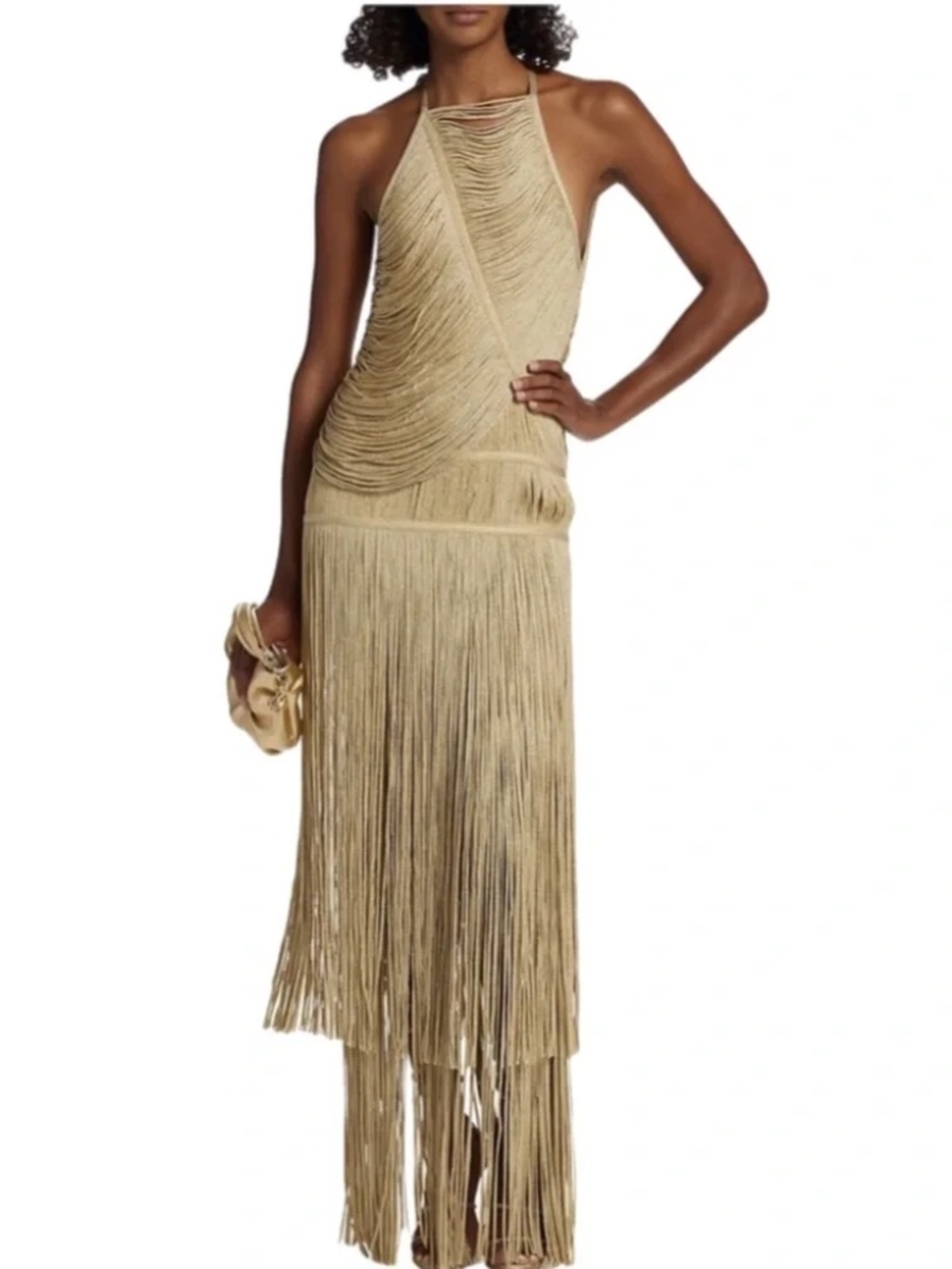 HERVE LEGER  Fringed Metallic Bandage Gown Gold Metallic NWT